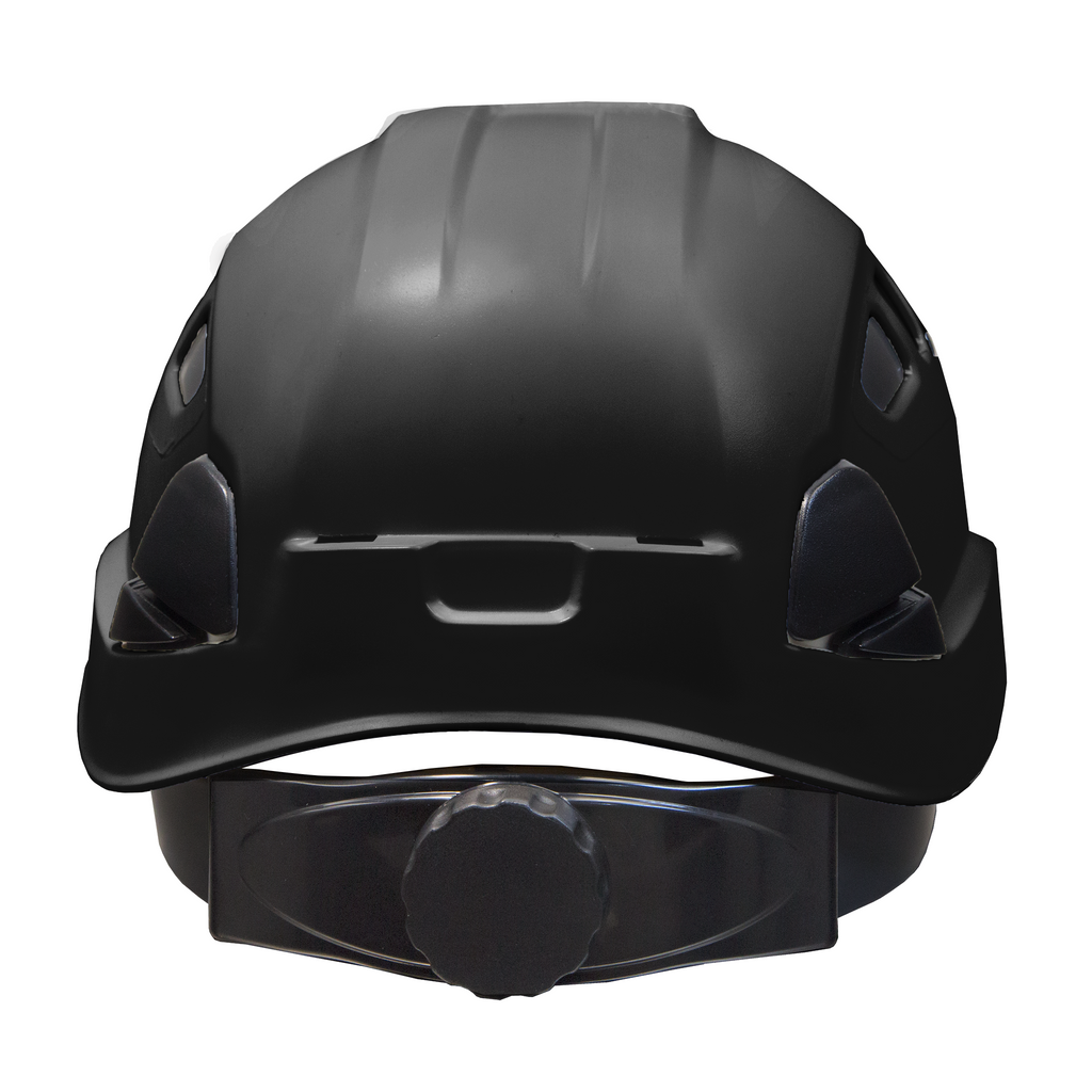 Back view of the Jorestech black ventilated hard hat with adjustable 6 point suspension with chin strap and adjustable ratchet