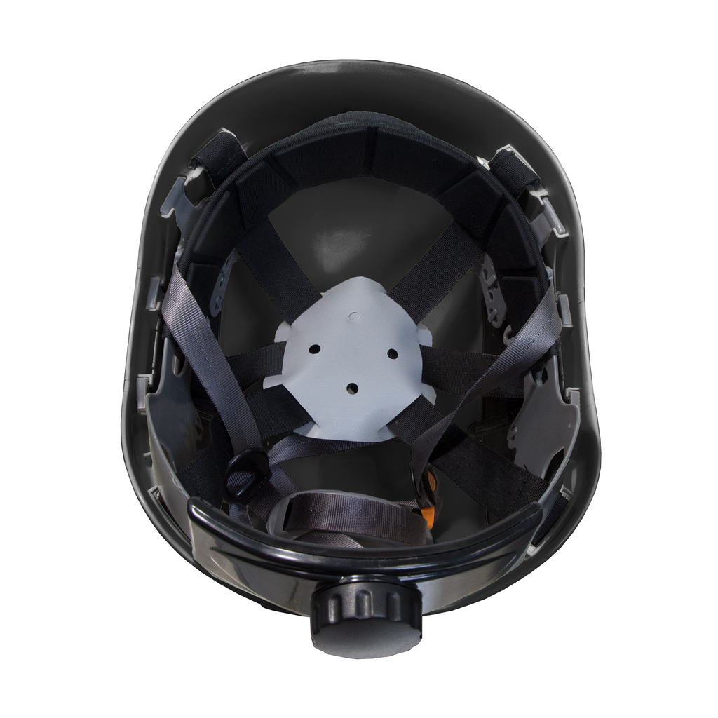 View of the Jorestech black ventilated rescue hard hat showing the adjustable 6 point suspension system and the chin strap