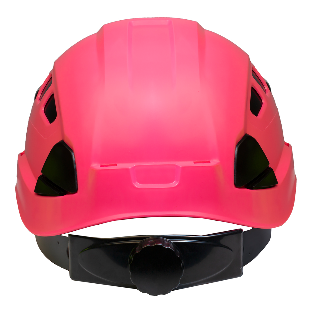 The Jorestech pick ventilated hard hat with adjustable 6 point suspension. It shows the black ratchet system and clamps for head light