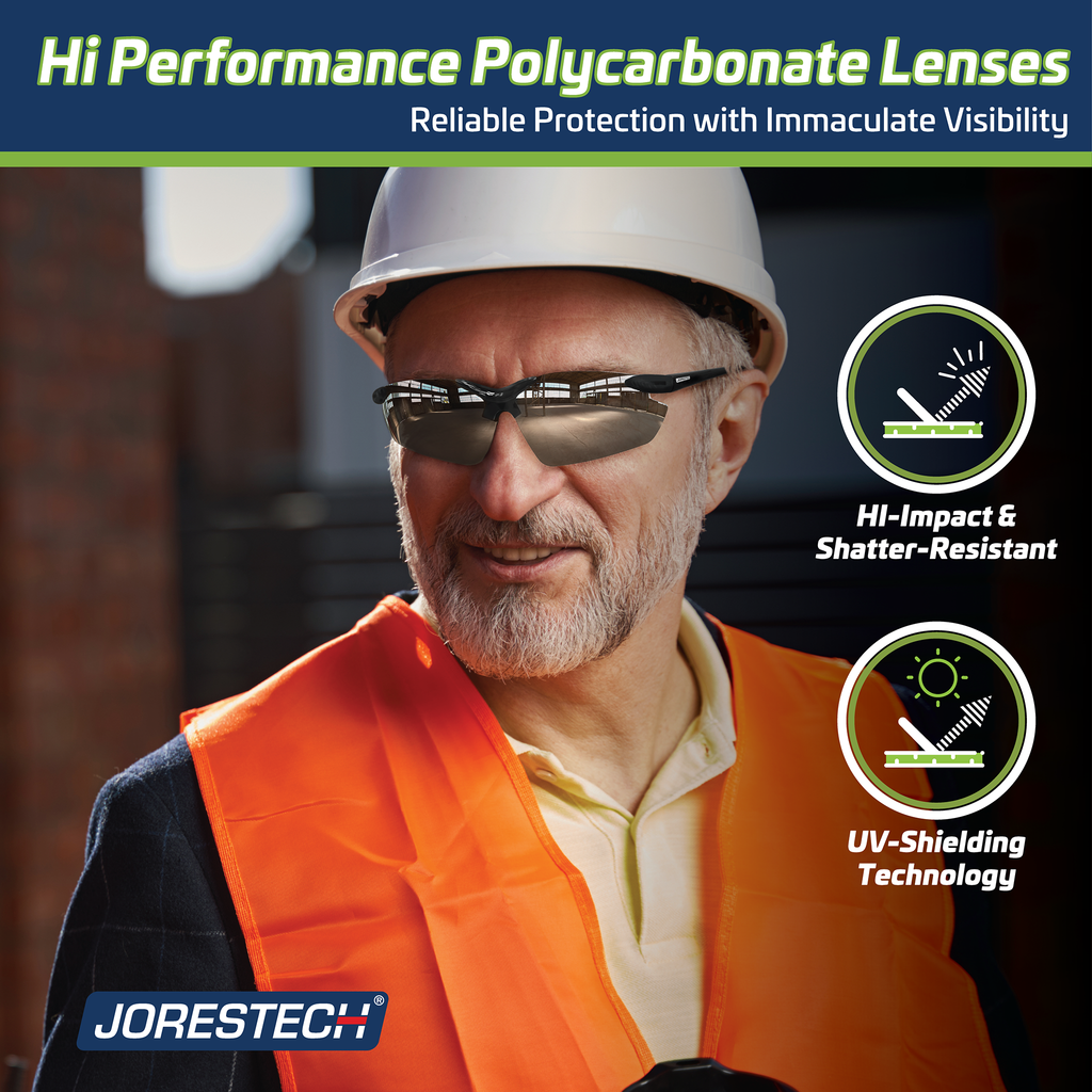  Worker wearing the Jorestech high impact mirror wrap around ANSI Z87+ safety glasses. Text read: Hi performance polycarbonate lenses, reliable protection with immaculate visibility. Hi Impact and shatter resistant, UV Shielding technology