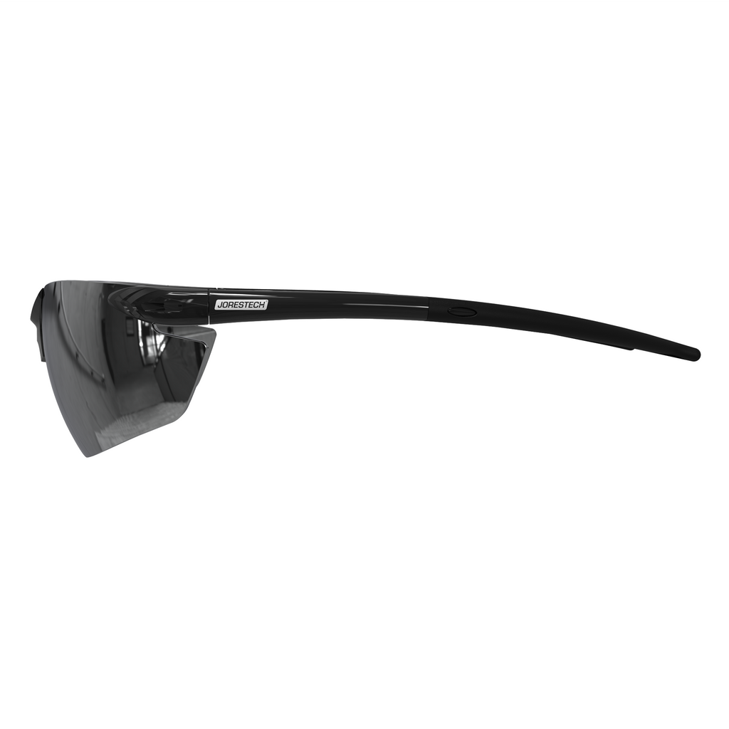 The high impact polycarbonate safety glasses with flexible rubber temple with smoke lenses and black frame and temples