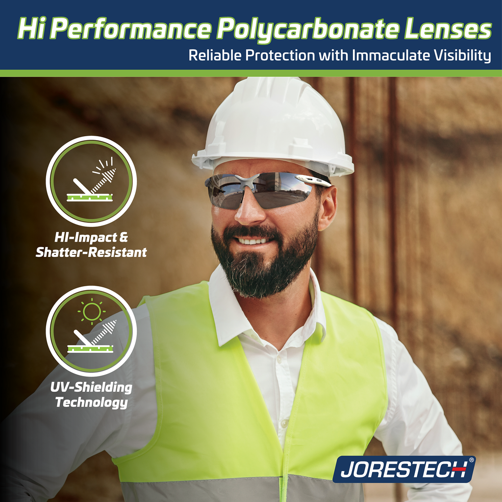 A worker wearing the Jorestech hi impact mirror wrap around ANSI Z87+ safety glasses. Text read: Hi performance polycarbonate lenses, reliable protection with immaculate visibility. Hi Impact and shatter resistant, UV shielding technology