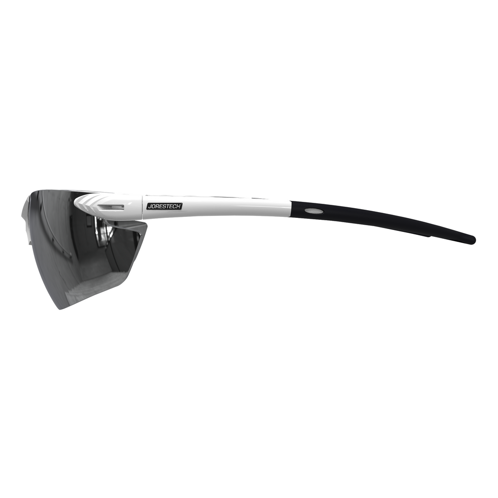 The high impact polycarbonate safety sun glasses with flexible rubber temple with smoke lenses for sun protection and white frame and temples
