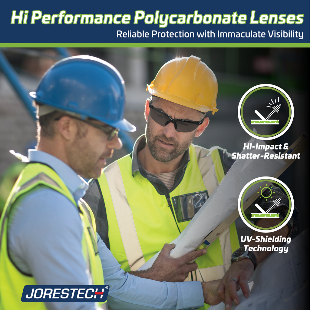 Workers wearing the Jorestech high impact wrap around ANSI Z87+ safety glasses for eye protection. Text read: Hi performance polycarbonate lenses, reliable protection with immaculate visibility. Hi Impact and shatter resistant, UV Shielding technology