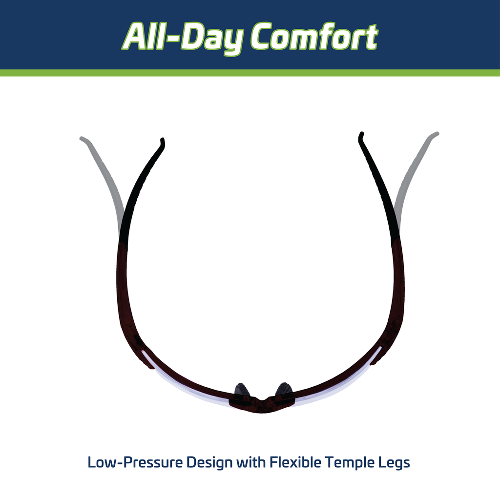 Features the flexible temple legs of the high impact wrap around safety glasses with flexible rubber tips. Text reads: all day comfort, low pressure design with flexible temple tips