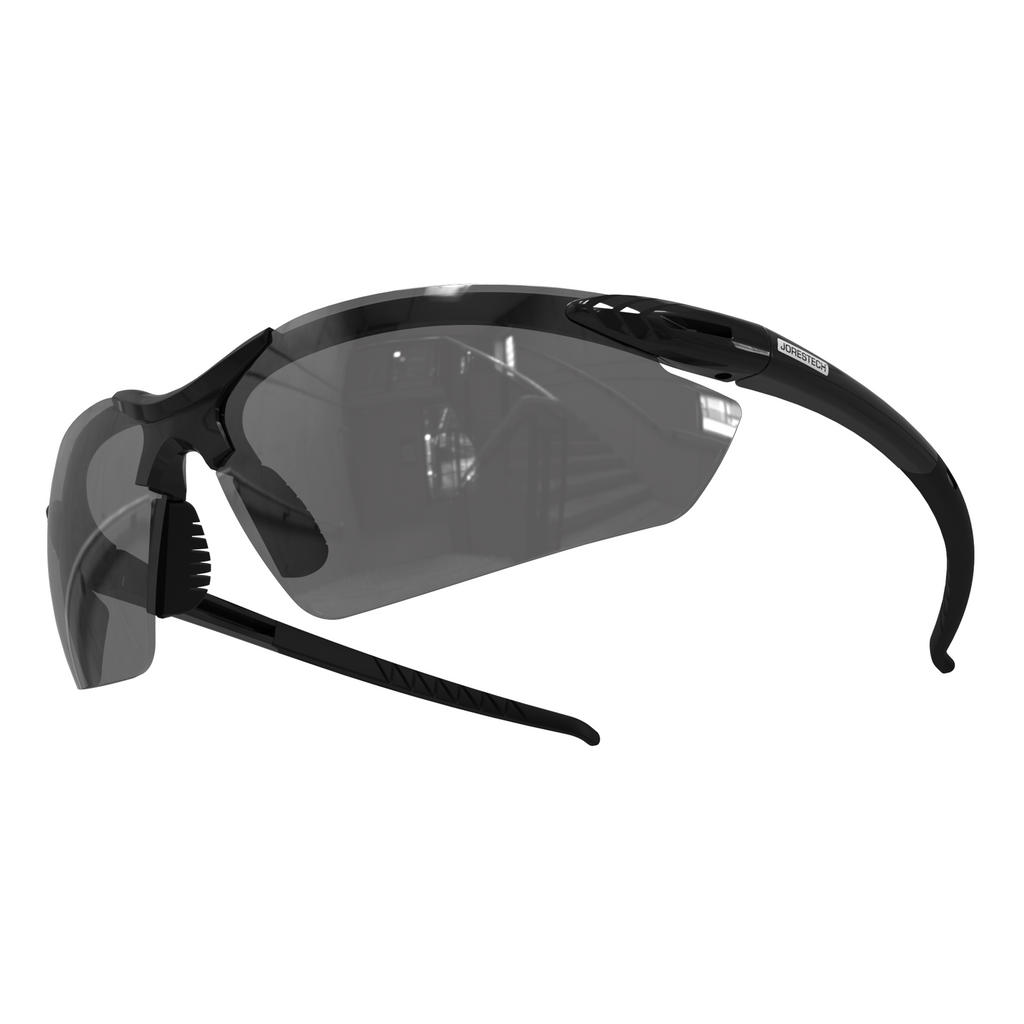 The ANSI Z87 + Compliant high impact safety glasses with flexible rubber temple with smoke lenses and black frame and temples