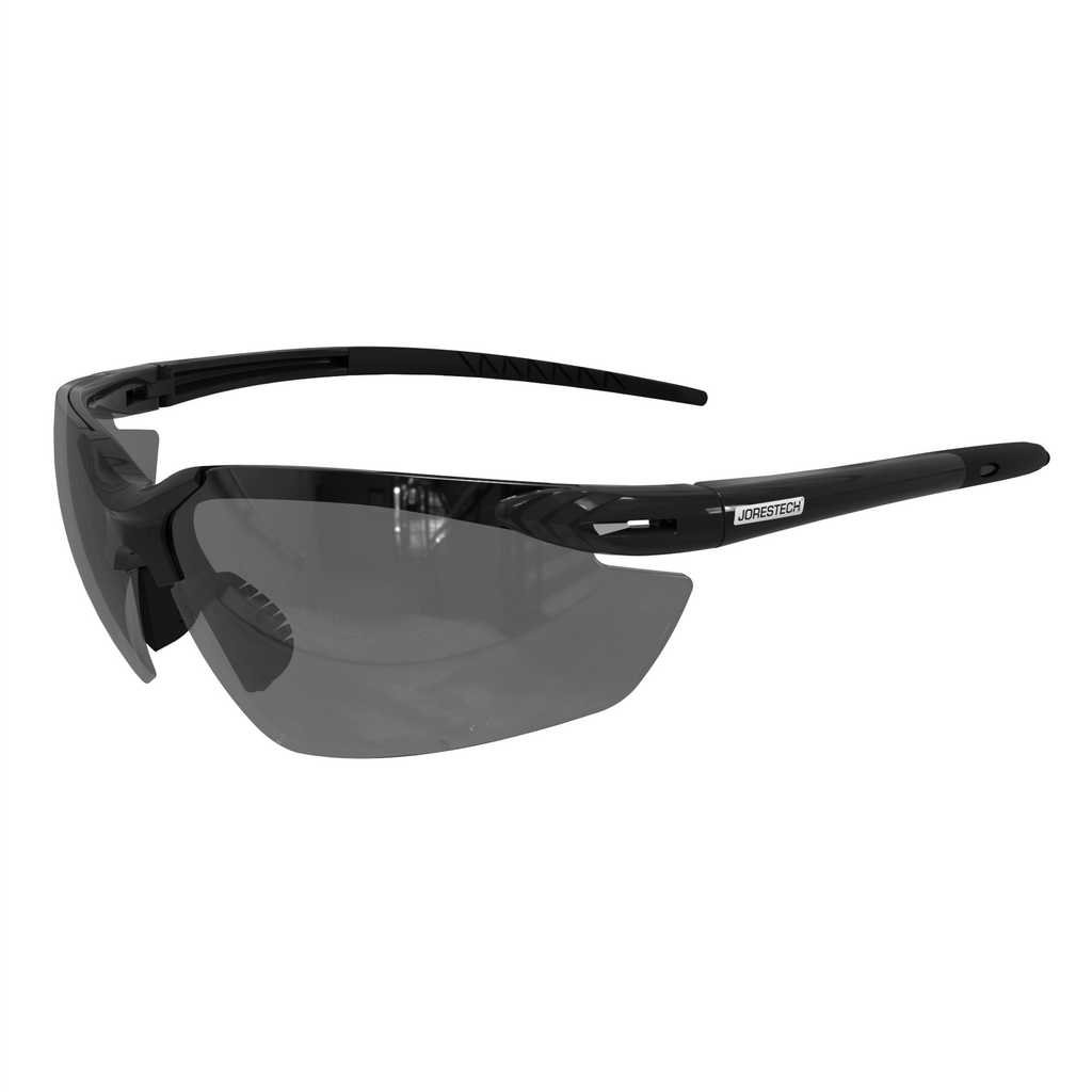 features the high performance polycarbonate smoke lenses and black frame with flexible temples used for outdoors and eye wear protection