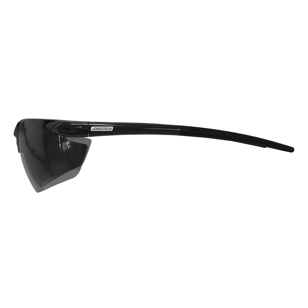 The high impact polycarbonate safety glasses with flexible rubber temple with Smoke lenses and black frame and temples
