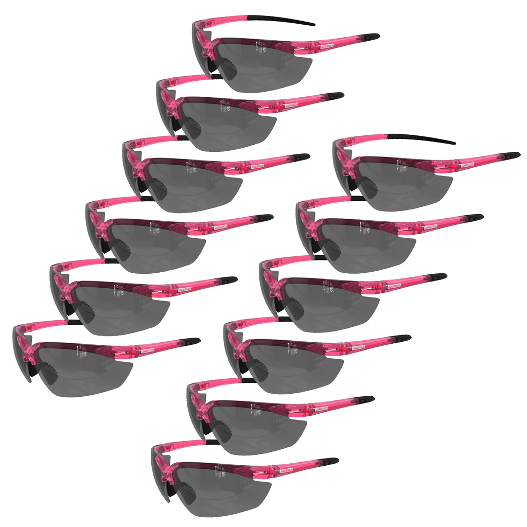 Pack of 12 wrap around safety glasses with flexible rubber temple smoke lenses and pink  frame
