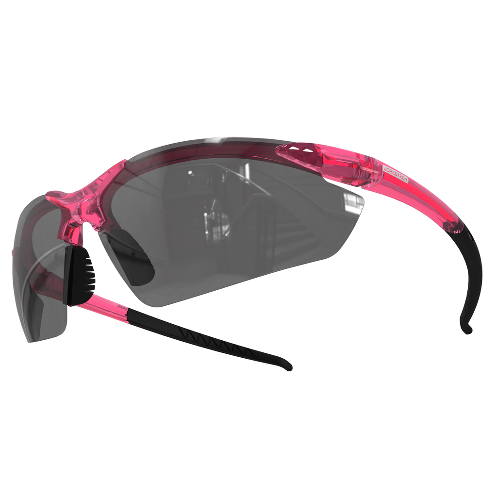 ANSI Z87 + Compliant high impact safety glasses with flexible rubber temple with smoke lenses and pink frame and temples