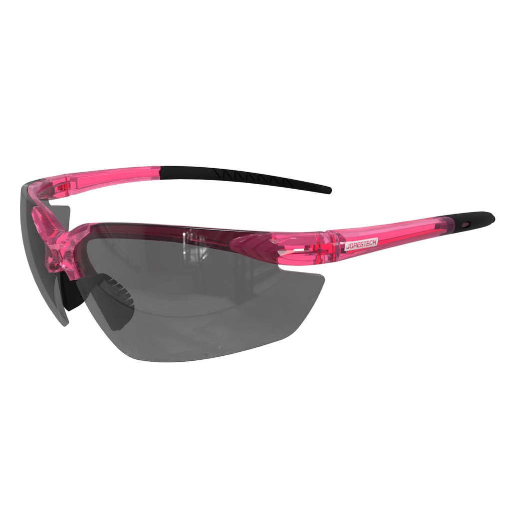 Features safety glasses with high performance polycarbonate smoke lenses and pink frame and temples