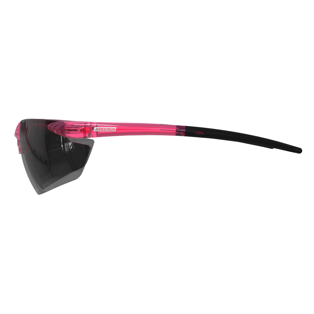 Side view of he high impact polycarbonate safety glasses with flexible rubber temple with smoke lenses and pink frame 