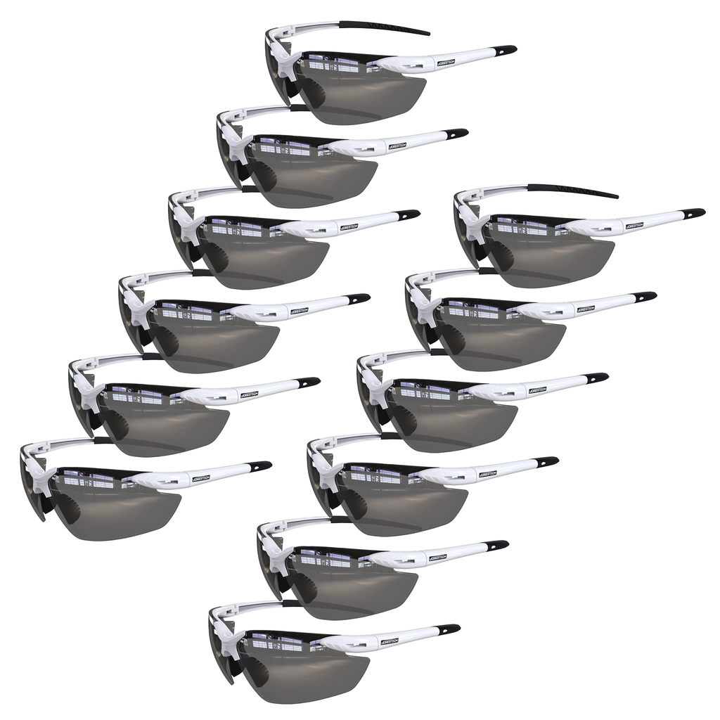 12 wrap around safety glasses with flexible rubber temple smoke lenses and white frame