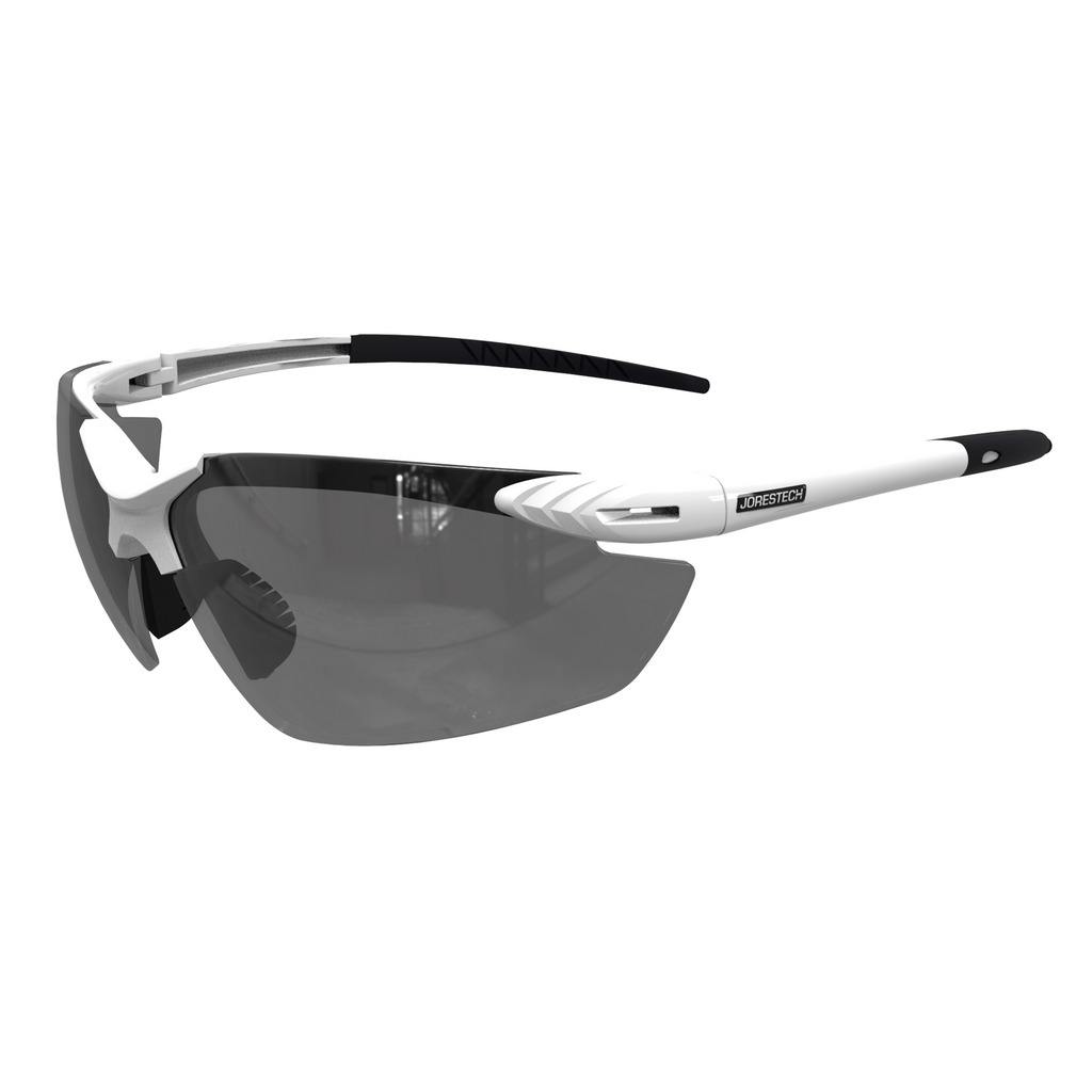 ANSI Z87 + Compliant high impact safety glasses with flexible rubber temple with smoke lenses and white frame and temples