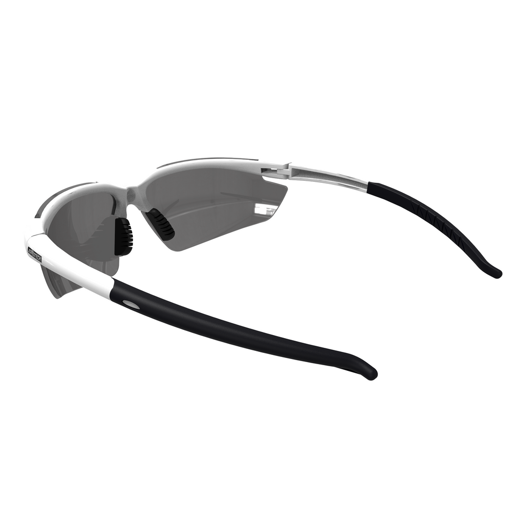 ANSI Z87 + Compliant high impact safety glasses with flexible rubber temple with smoke lenses and white frame and temples