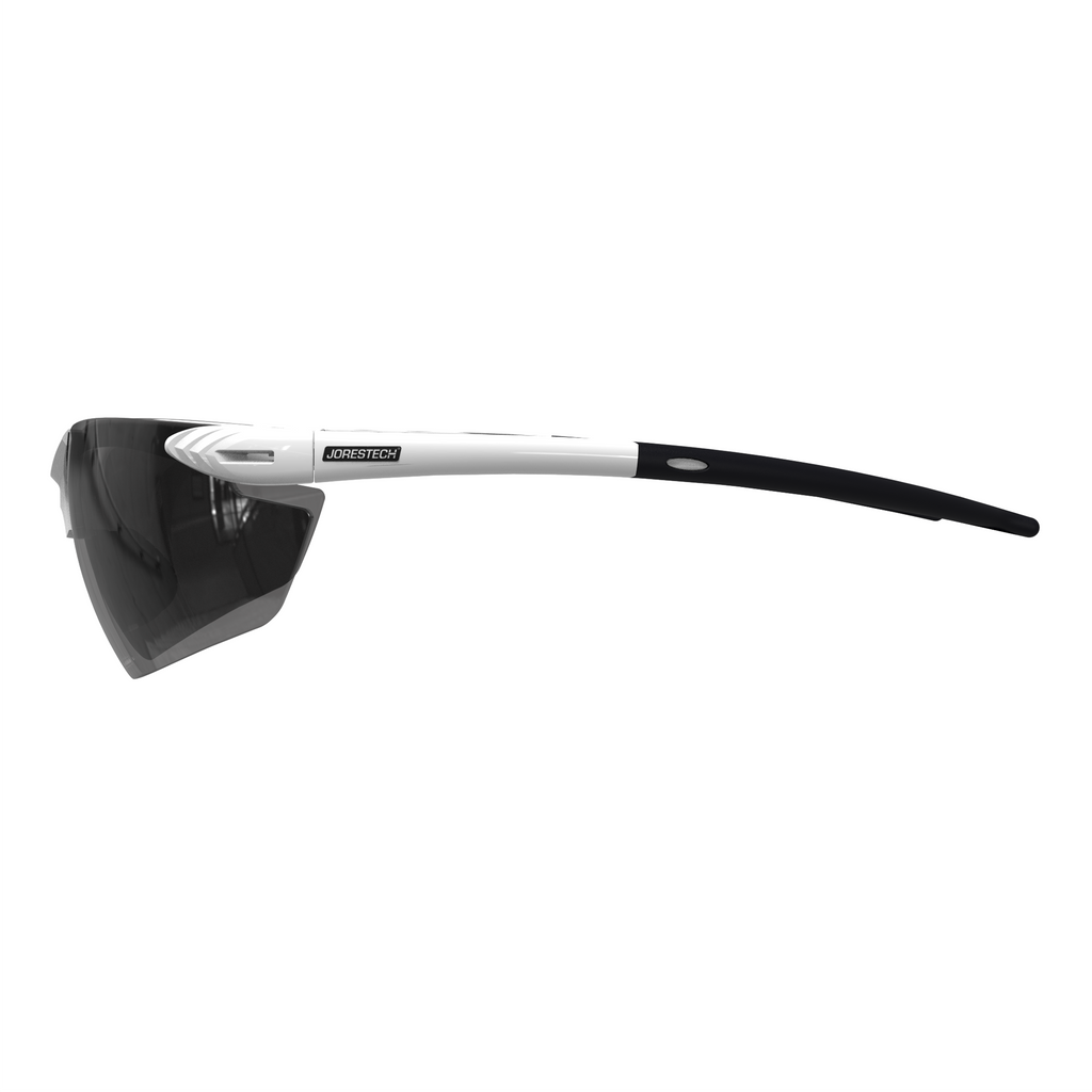 The high impact polycarbonate safety glasses with flexible rubber temple with smoke lenses and white frame 