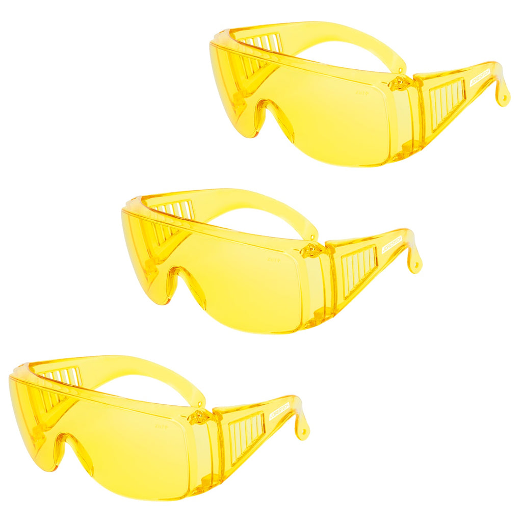 Pack of 3 yellow Jorestech safety over glasses for high impact protection on a white background